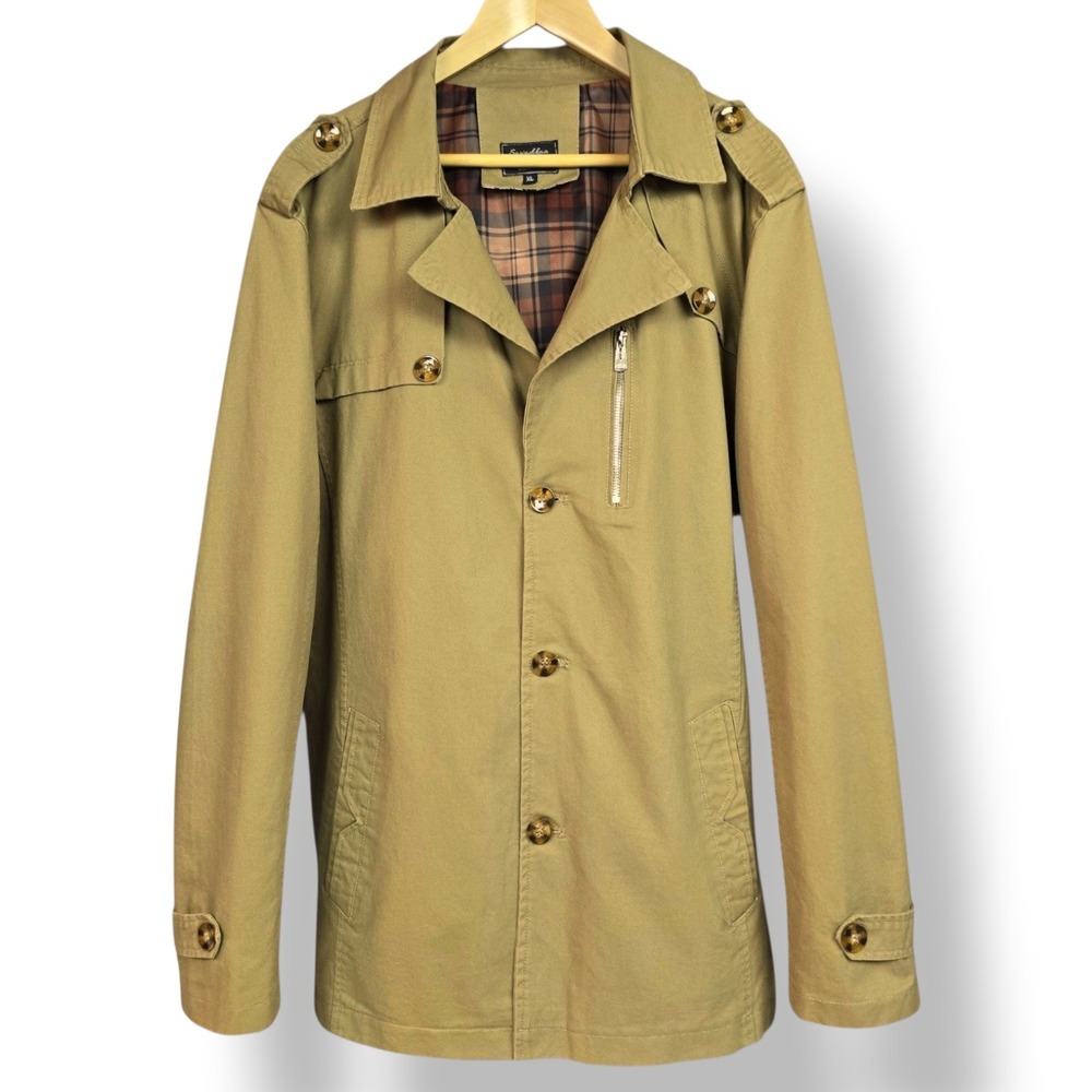 Swadikaa Men's Khaki Utility Trench Coat - Plaid Lined‎ - Mint - Size L-XL